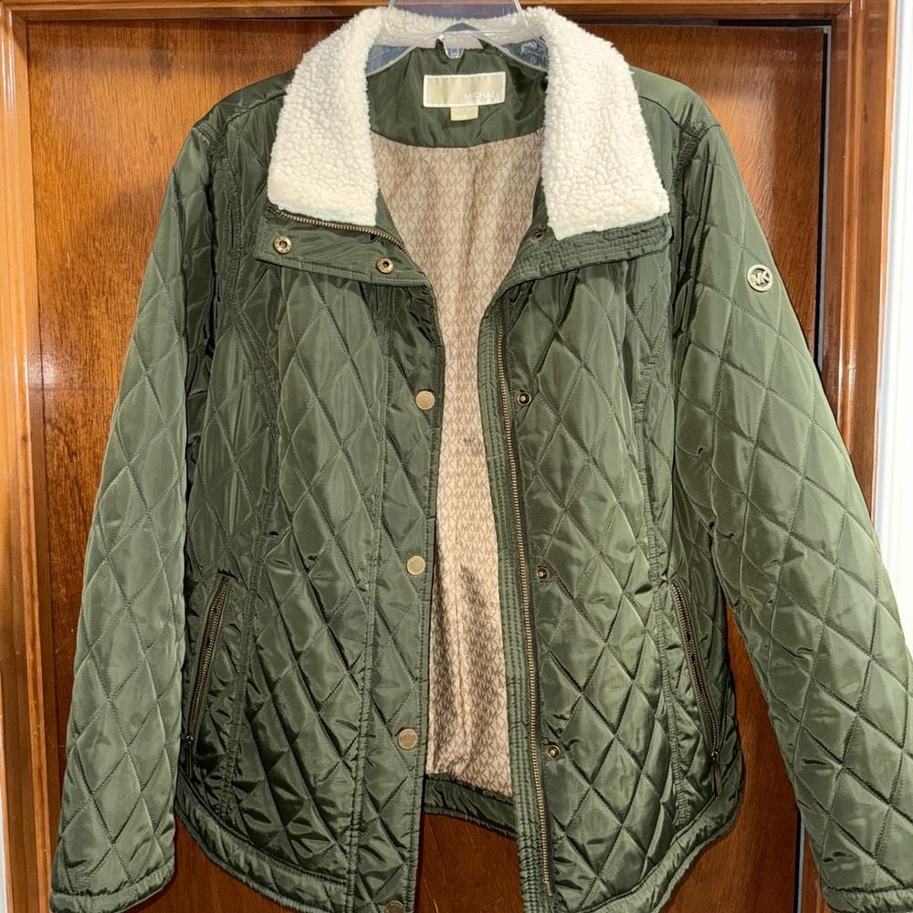 Michael Kors Green Quilted Coat with Sherpa Collar